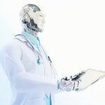 Ein 3D-Bild eines Roboterarztes, der ein Tablet hält.