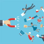 Eine Gruppe von Menschen wird von einem Magneten angezogen.